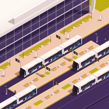 Elektrikli tramvay durdurma vektör illüstrasyonlu sürdürülebilir eko taşıma kavramı