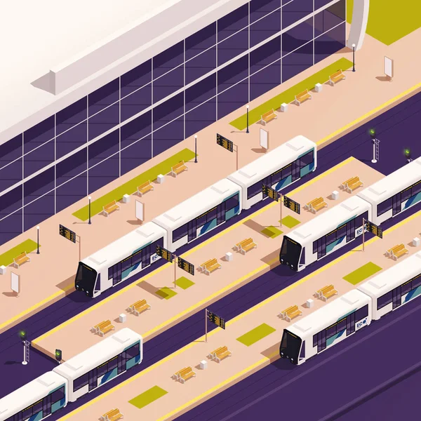 Elektrikli Tramvay Durdurma Vektör Illüstrasyonlu Sürdürülebilir Eko Taşıma Kavramı — Stok Vektör