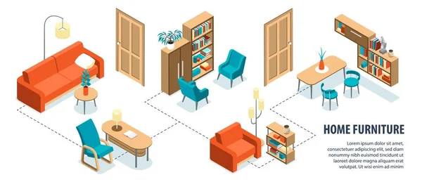 Isometric Home Furniture Interior Infographics Flowchart Isolated Views Designer Interiors — Stock Vector