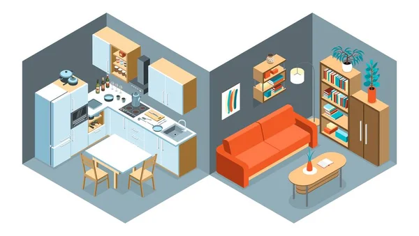 Isometrische Küche Zusammensetzung Mit Zwei Ansichten Mit Wohnzimmer Und Küche — Stockvektor