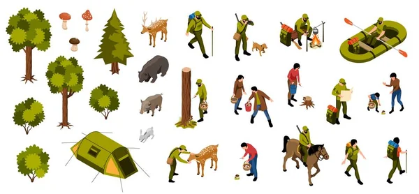 Zometrik Mantar Toplayıcıları Orman Ağaçlarının Izole Edilmiş Ikonlarıyla Insan Karakterli — Stok Vektör