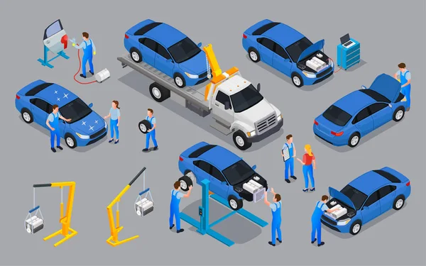 자동차 노동자들 삽화를 장비가 견인차용 등거리 측정기 — 스톡 벡터