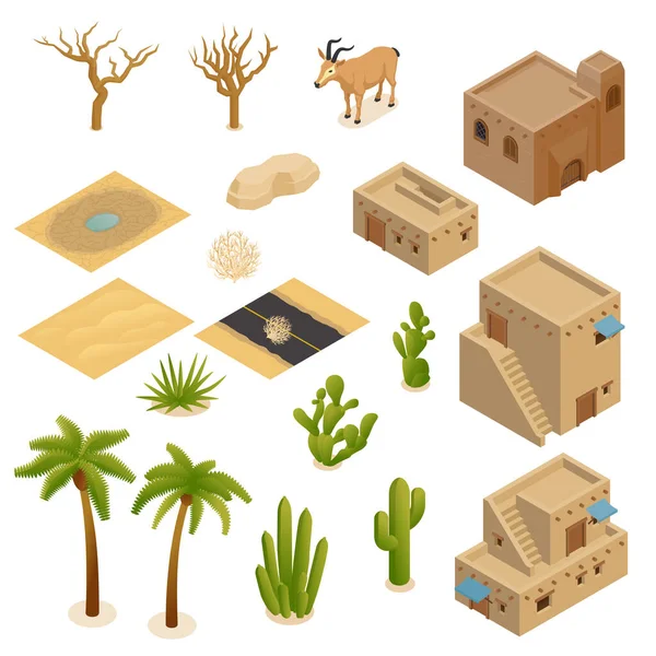 Woestijn Landschap Isometrische Set Van Modder Baksteen Gebouwen Planten Dieren — Stockvector