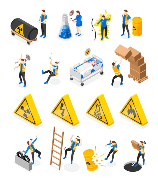 Precauzioni Sicurezza Sul Posto Lavoro Icone Isometriche Impostare Illustrazione Vettoriale — Vettoriale Stock
