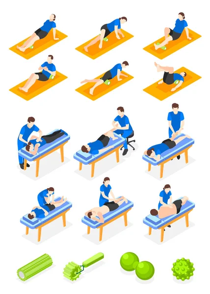 Ícones Isométricos Liberação Miofascial Com Rolos Massagem Terapeutas Profissionais Ilustração —  Vetores de Stock