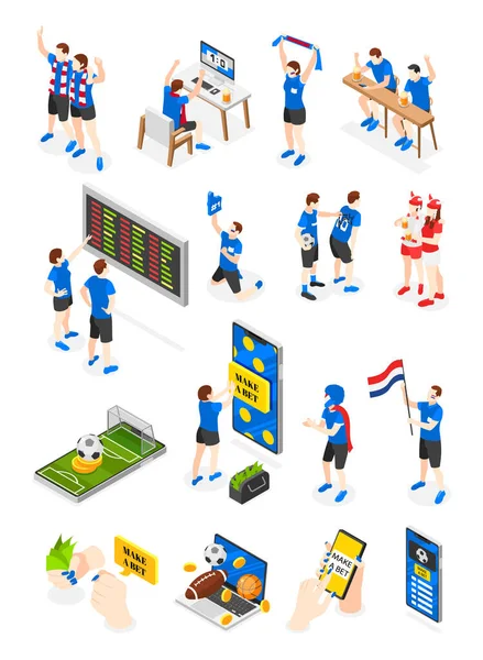 Sportwetten Isometrische Symbole Mit Fußballfans Isolierte Vektorillustration Gesetzt — Stockvektor