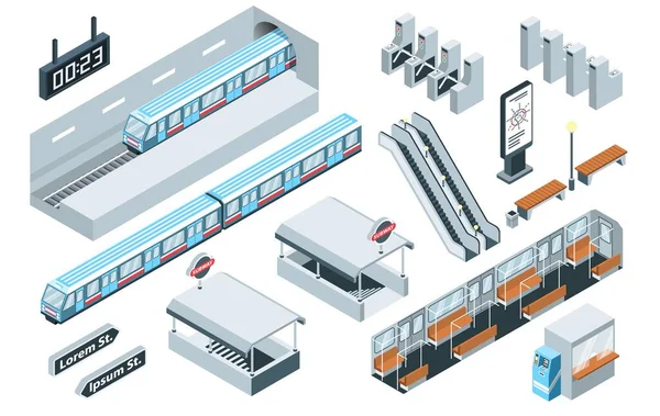 Isométriques Icônes Métro Avec Des Trains Souterrains Des Stations Passagers — Image vectorielle