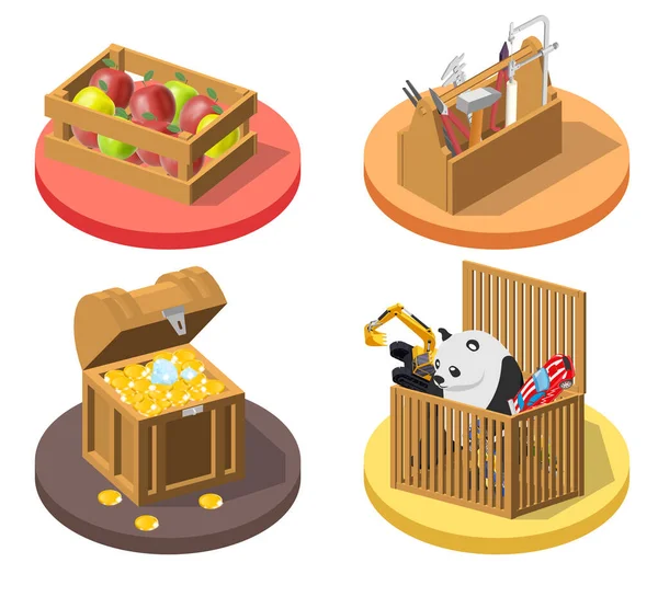 Krabice 2X2 Set Izolovanými Ikonami Dřevěných Krabic Naplněných Hračkami Ovoce — Stockový vektor