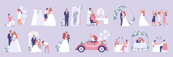 Huwelijksceremonie Kleur Set Met Geïsoleerde Pictogrammen Van Pas Getrouwd Stel — Stockvector