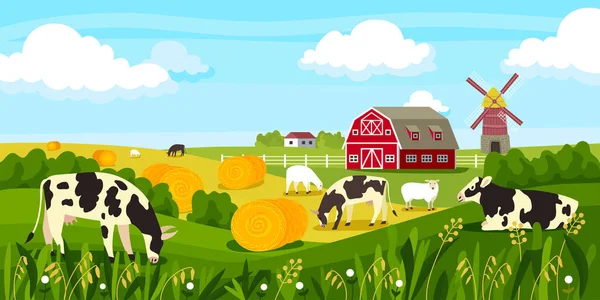 Paisagem Rural Fazenda Vaca Composição Aldeia Com Vacas Celeiro Moinho —  Vetores de Stock