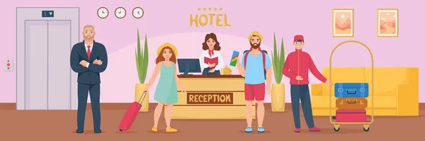 Flache Zusammensetzung Des Hotelpersonals Mit Horizontalem Blick Auf Die Hotellobby — Stockvektor