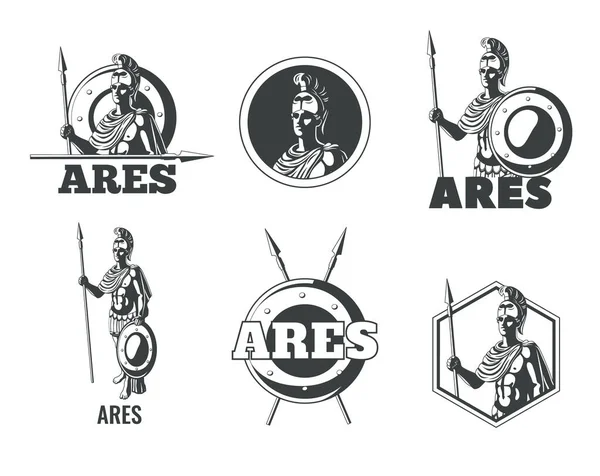 Fekete Fehér Emblémák Készlet Görög Olimpiai Isten Ares Izolált Vektor — Stock Vector
