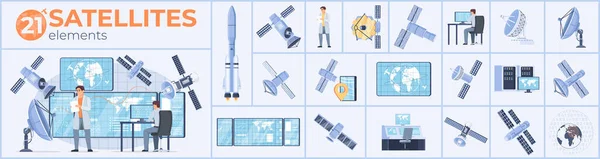 放送とシャトルシンボルで設定された衛星組成フラット絶縁ベクトルイラスト — ストックベクタ