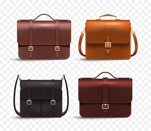 Realistische Lederen Business Bag Mannen Set Met Vier Verschillende Aktetassen — Stockvector
