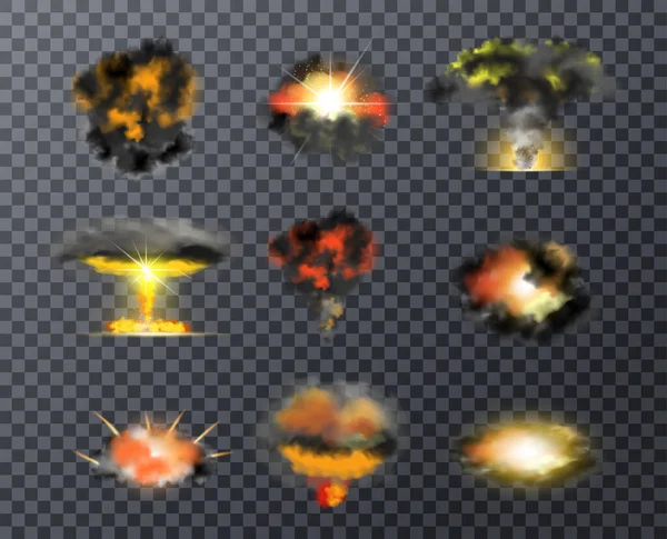 透明背景ベクトル図上に分離された異なる形状の現実的な色爆弾爆発 — ストックベクタ