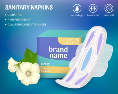 Hijyenik peçete paketi ve gerçekçi çiçek vektör çizimi olan bir kadın hijyen posteri.