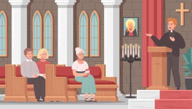 Kitle hizmetleri ve rahibin vektör çizimlerini anlattığı Hristiyan kilise karikatürü sahnesi