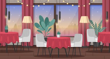 Süslü mobilyalar ve dekorasyon ürünleri vektör illüstrasyonlu restoran içi karikatür sahnesi
