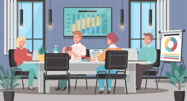 Vergaderzaal Cartoon Met Mensen Bespreken Zakelijke Projecten Projectiescherm Achtergrond Vector — Stockvector