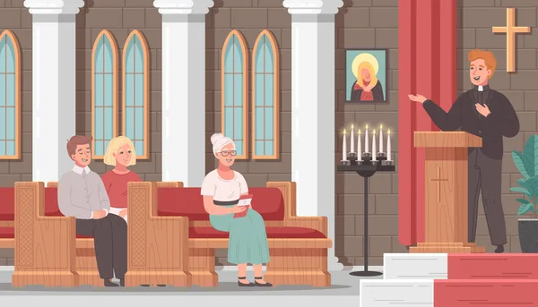 Iglesia Cristiana Escena Dibujos Animados Con Servicio Masas Sacerdote Hablando — Vector de stock