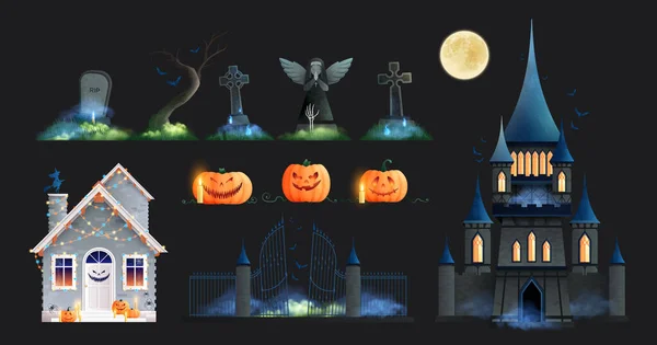 Halloween Vacaciones Elementos Brillantes Conjunto Calabazas Cementerio Puertas Lápidas Viejo — Archivo Imágenes Vectoriales