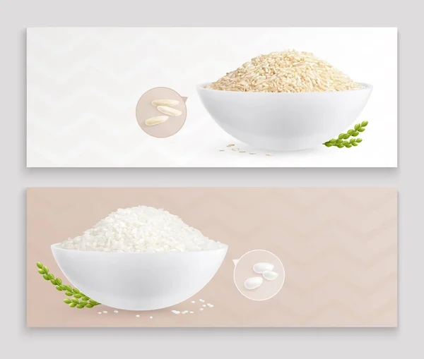 Ρύζι Ρεαλιστικά Λάβαρα Γέμιση Μπολ Βρασμένους Και Ακατέργαστους Κόκκους Φυσικής — Διανυσματικό Αρχείο