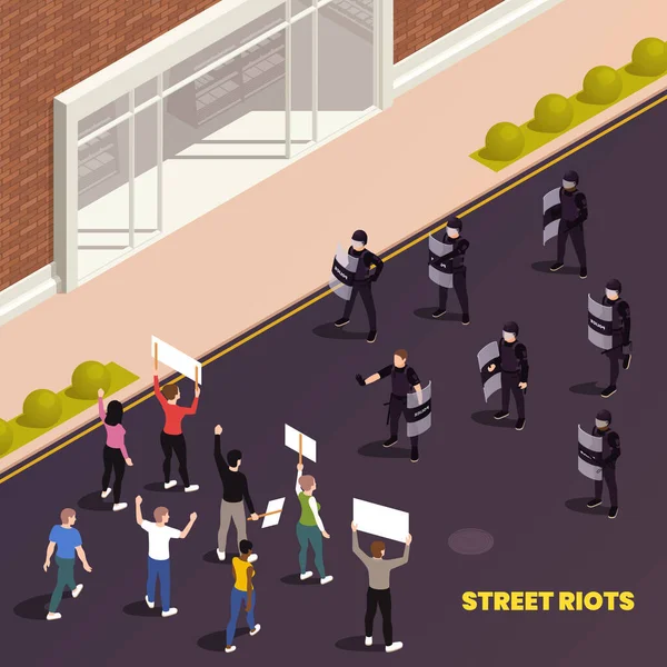 Polis Memurlarının Tam Taktik Teçhizatlı Olduğu Sokak Gösterisi Izometrik Kompozisyonu — Stok Vektör