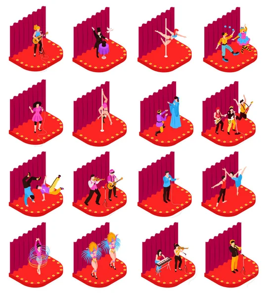Conjunto Isométrico Varios Artistas Que Actúan Escenario Rojo Con Cortinas — Archivo Imágenes Vectoriales