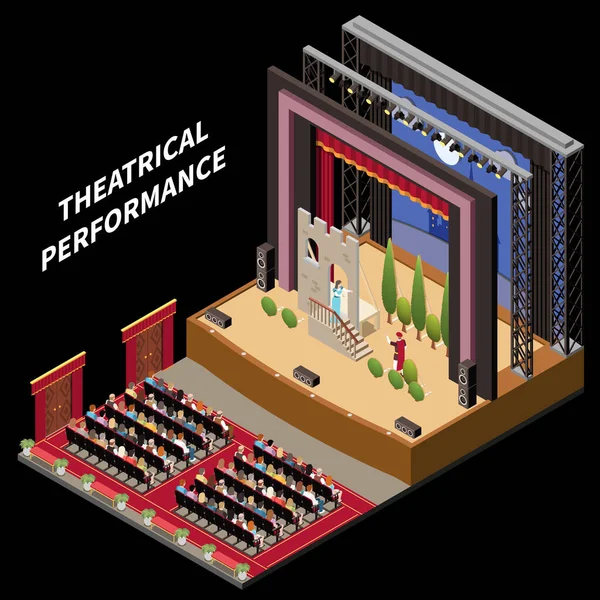 Teatro Interior Escenario Concepto Isométrico Con Drama Clásico Representación Vector — Vector de stock