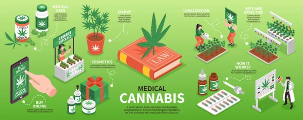 Diseño Infografías Cannabis Medicinal Con Cosméticos Legalización Mercado Cupcakes Comprar — Vector de stock