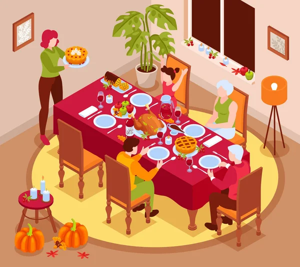 Jour Thanksgiving Fond Isométrique Avec Famille Assise Table Festive Avec — Image vectorielle