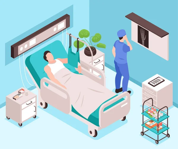 Nach Verletzung Isometrischer Hintergrund Mit Patient Bett Liegend Und Arzt — Stockvektor