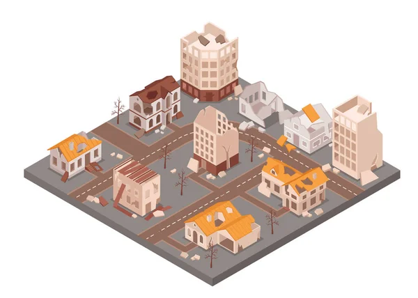 荒废荒废的城市等高线结构与多层荒废建筑3D矢量图 — 图库矢量图片