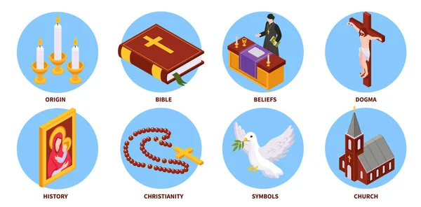 Cristianismo Composição Redonda Isométrica Origem Ilustrada História Dogma Crenças Igreja —  Vetores de Stock