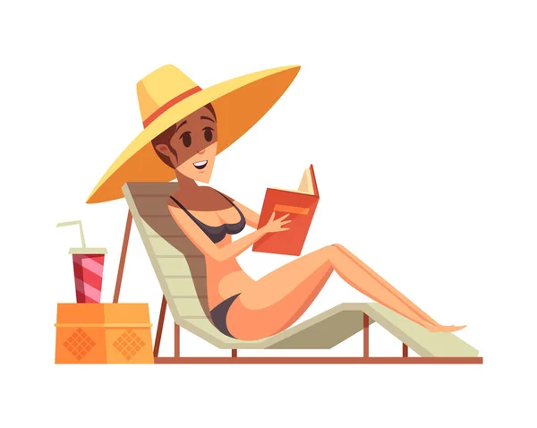 Woman Reading Book While Relaxing Beach Lounge Flat Vector Illustration — Stock Vector