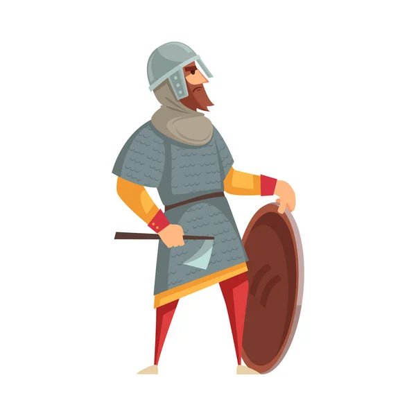 Moedige Middeleeuwse Ridder Met Schild Bijl Cartoon Vector Illustratie — Stockvector