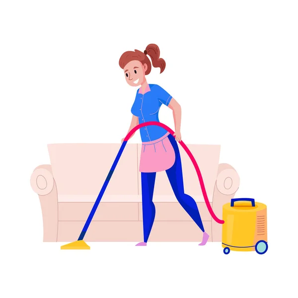 Professional Cleaning Service Worker Doing Hoovering Flat Vector Illustration — Stock Vector