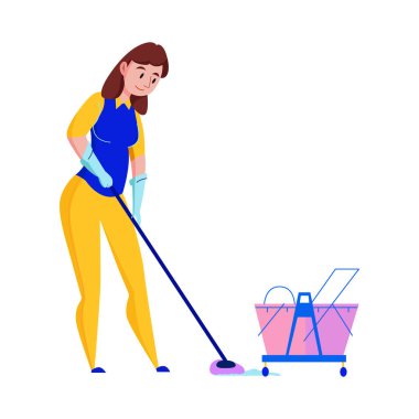 Düz vektör illüstrasyonunu silen kadın temizlik işçisi