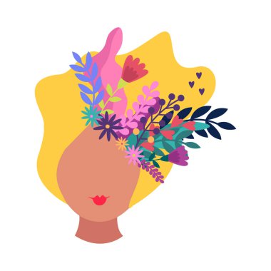 Düz kız yüzü, bahar çiçekleri ve sarı saç vektörü çiziminde dallar.