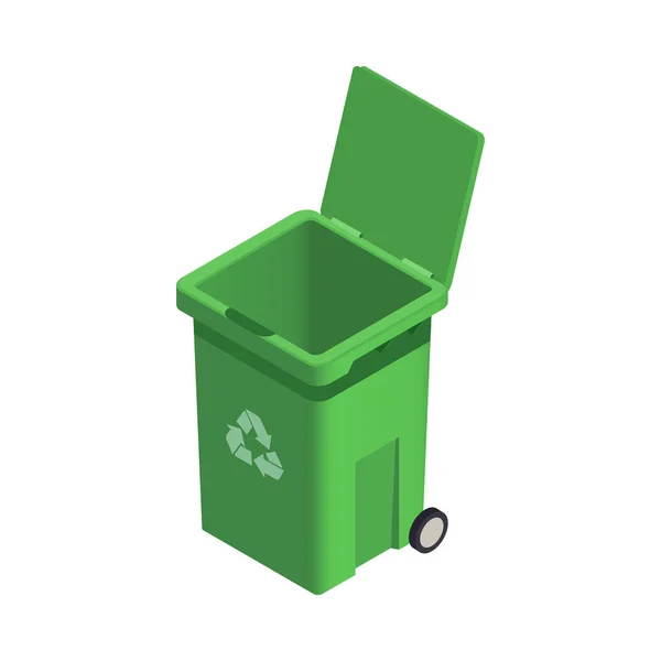 白色背景下等距开放绿色垃圾箱3D矢量图解 — 图库矢量图片