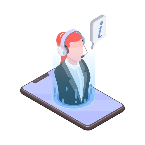 Usługa Obsługi Klienta Online Ikona Izometryczna Smartfonem Pracownicą Noszącą Słuchawki — Wektor stockowy