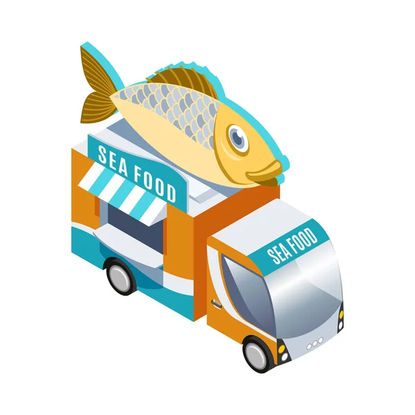 Isometrische Fast Sea Food Vrachtwagen Witte Achtergrond Vector Illustratie — Stockvector