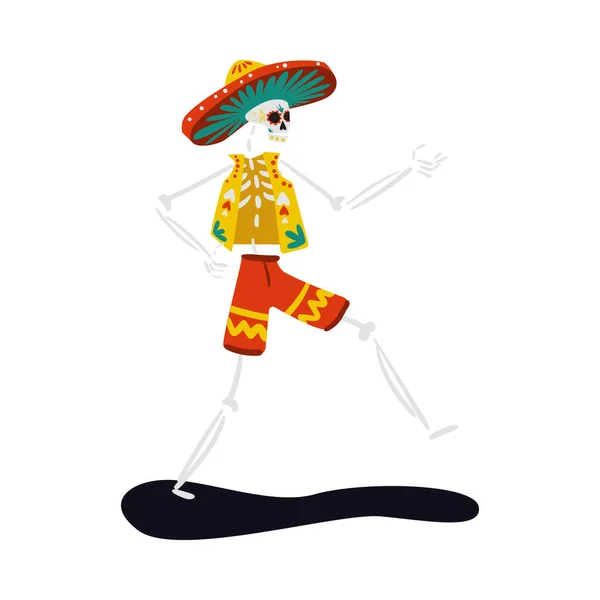 Mexický Den Mrtvé Dovolené Symbol Tančící Kostrou Tradičním Kostýmu Ploché — Stockový vektor