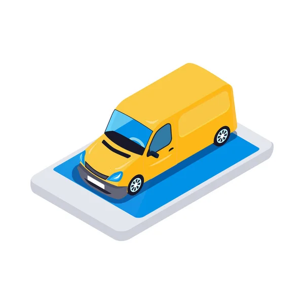 Online Shopping Isometric Icon Smartphone Delivery Van Vector Illustration — Stock Vector