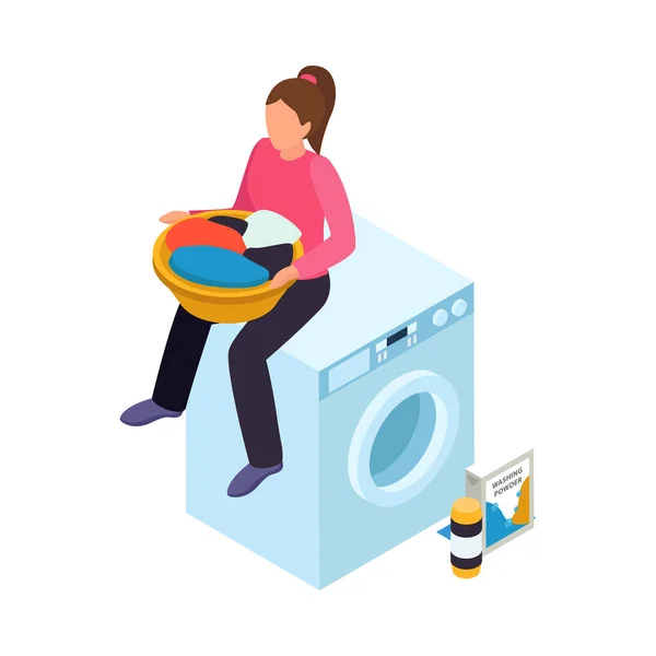Çamaşır Makinesinin Üzerinde Keten Sepetli Bir Kadının Oturduğu Isometric Çamaşır — Stok Vektör