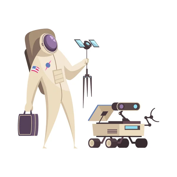 Futuristische Weltraumforschung Mit Astronauten Und Roboterrover Zeichentrickvektorillustration — Stockvektor