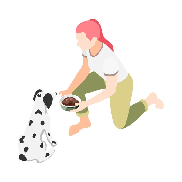 Kobieta Daje Psu Miskę Jedzeniem Izometryczny Wektor Ilustracji — Wektor stockowy