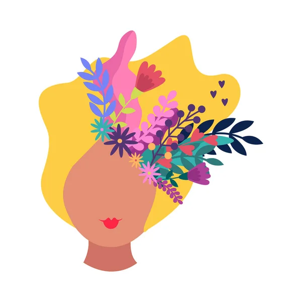 Flaches Mädchengesicht Mit Frühlingsblumen Und Zweigen Blonden Haaren — Stockvektor