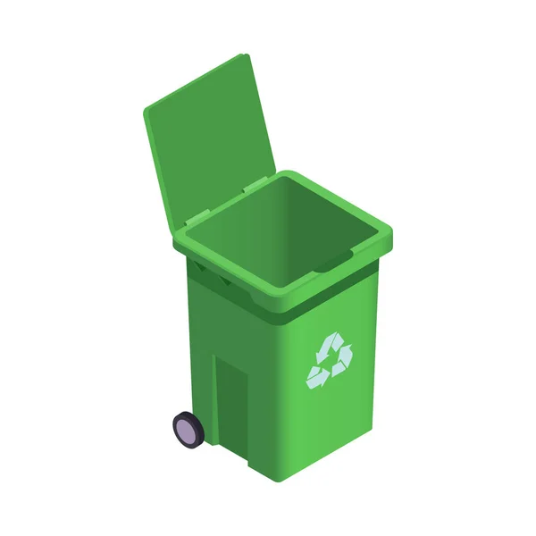 垃圾循环利用等距图标 带有开放的绿色垃圾桶3D矢量插图 — 图库矢量图片