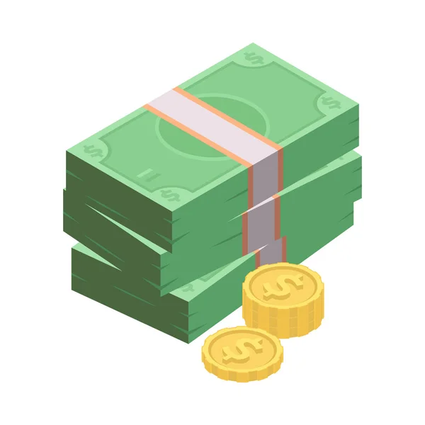 Ισομετρική Εικόνα Χρήματος Στοίβες Τραπεζογραμματίων Και Κερμάτων Διανυσματική Απεικόνιση — Διανυσματικό Αρχείο